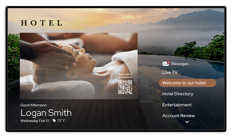 The customized welcome screen of SONIFI's interactive TV system for hospitality properties